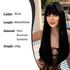 Stylish Synthetic Wig With Straight Hair, Non-toxic Wig, 26-inch Heat-resistant Long Black Hair, Bangs And Rose Net Hat, Suitable For The Whole Scene.