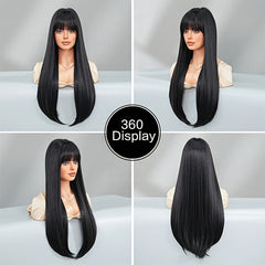 Stylish Synthetic Wig With Straight Hair, Non-toxic Wig, 26-inch Heat-resistant Long Black Hair, Bangs And Rose Net Hat, Suitable For The Whole Scene.