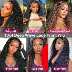 Deep Wave Lace Front Wig Human Hair 180 Density 13x4 Deep Wave HD Lace Front Wig Black Female