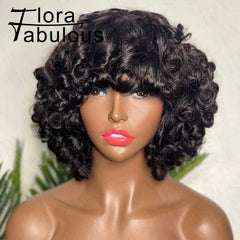 Glueless Bouncy Curly Brazilian Human Hair Wigs With Bangs Machine Made Short Loose Curly Wave Wigs for Women Afro Fringe Wig