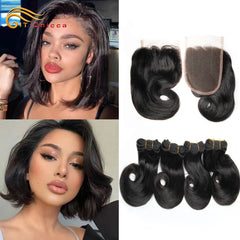 Short Body Wave Bundles With Closure 4x4 Lace Closure Indian 100% Human Hair Bundles With Closure 1B 30 27 Burgundy Colored