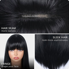 Stylish Synthetic Wig With Straight Hair, Non-toxic Wig, 26-inch Heat-resistant Long Black Hair, Bangs And Rose Net Hat, Suitable For The Whole Scene.