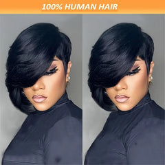 Straight Black Elegant 8 PixieCut Wig For Women -Glueless Human Hairwith Long Bangs, Everyday Style Wig L SleekShort Wig   Wig Accessories