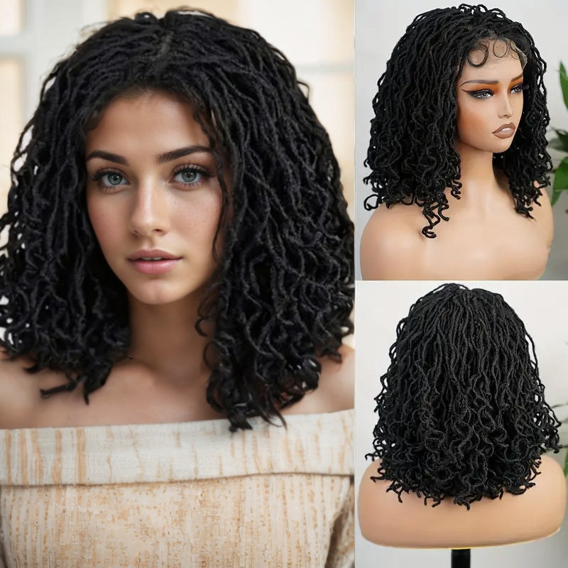 4x4 Lace Front Braided Wig Curly Mini Faux Locs Ombre Brown Ombre Blonde 14 Inch Shoulder Length Synthetic Lace Wig For Women