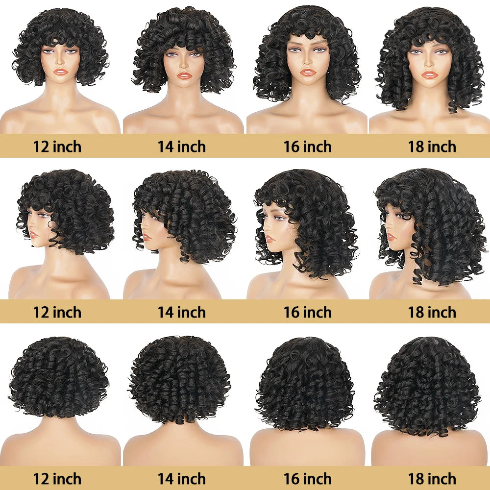 Glueless Bouncy Curly Brazilian Human Hair Wigs With Bangs Machine Made Short Loose Curly Wave Wigs for Women Afro Fringe Wig