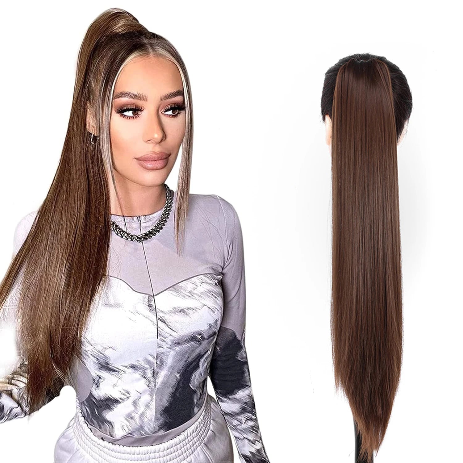 26Inch Ponytail Extensions Claw Long Straight Fake Pony Tail Clip in Hair Extension Natural Synthetic Heat Resistant Hairpiece