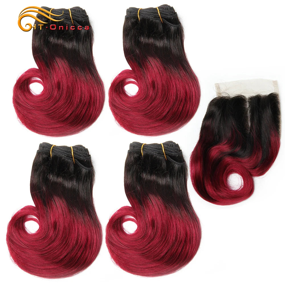 Short Body Wave Bundles With Closure 4x4 Lace Closure Indian 100% Human Hair Bundles With Closure 1B 30 27 Burgundy Colored
