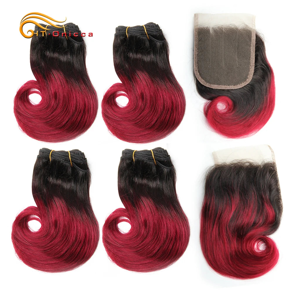 Short Body Wave Bundles With Closure 4x4 Lace Closure Indian 100% Human Hair Bundles With Closure 1B 30 27 Burgundy Colored