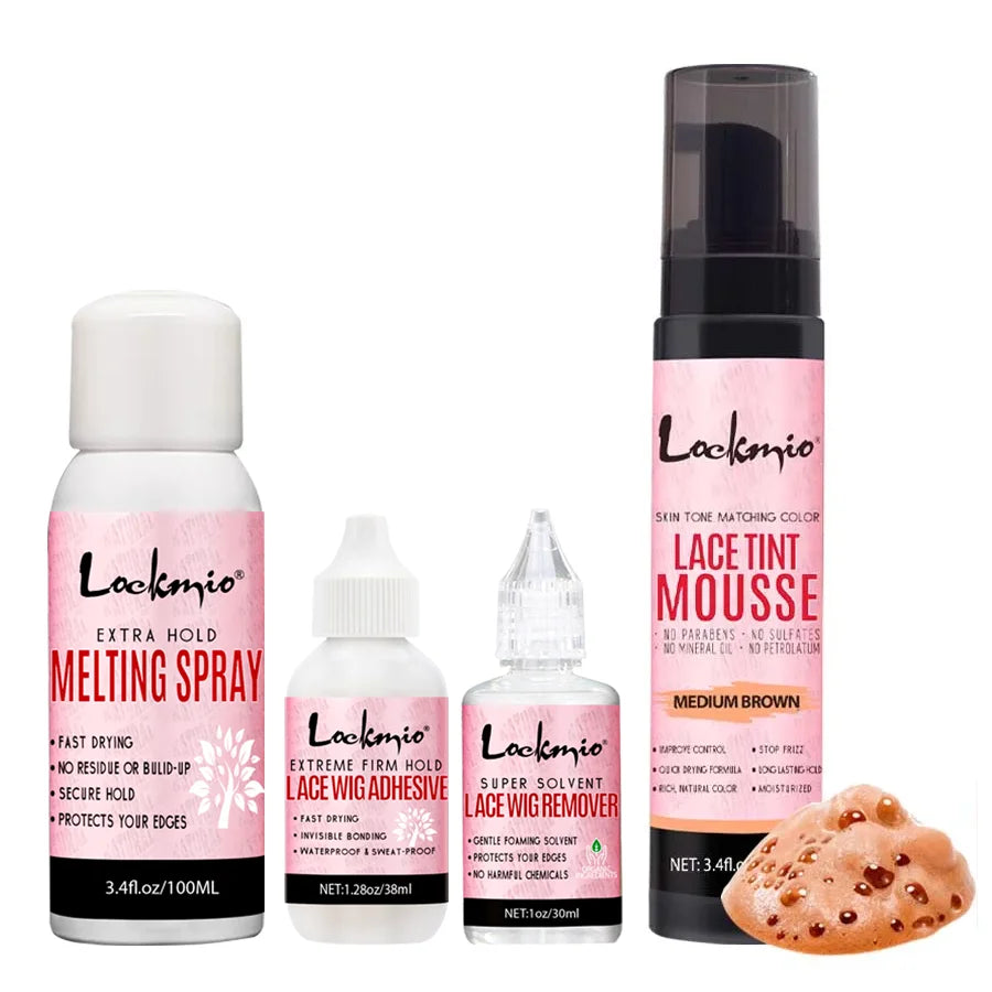 LOVKMIO 4pcs Wig Installation Kit Frontal Melting Spray Quick-Drying Lace Tint Mousses Waterproof Hair Adhesive Glue Remover Set