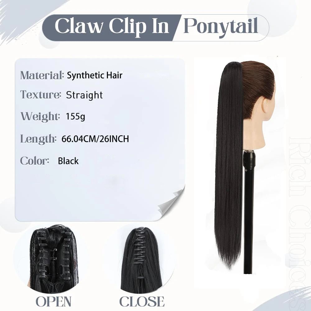 26Inch Ponytail Extensions Claw Long Straight Fake Pony Tail Clip in Hair Extension Natural Synthetic Heat Resistant Hairpiece